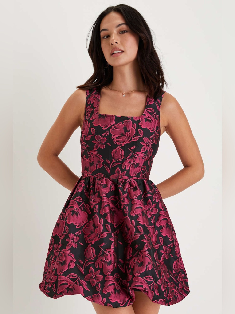 Lulus Posh Invite Black Floral Jacquard Square Neck Corset Mini Dress Sz Small